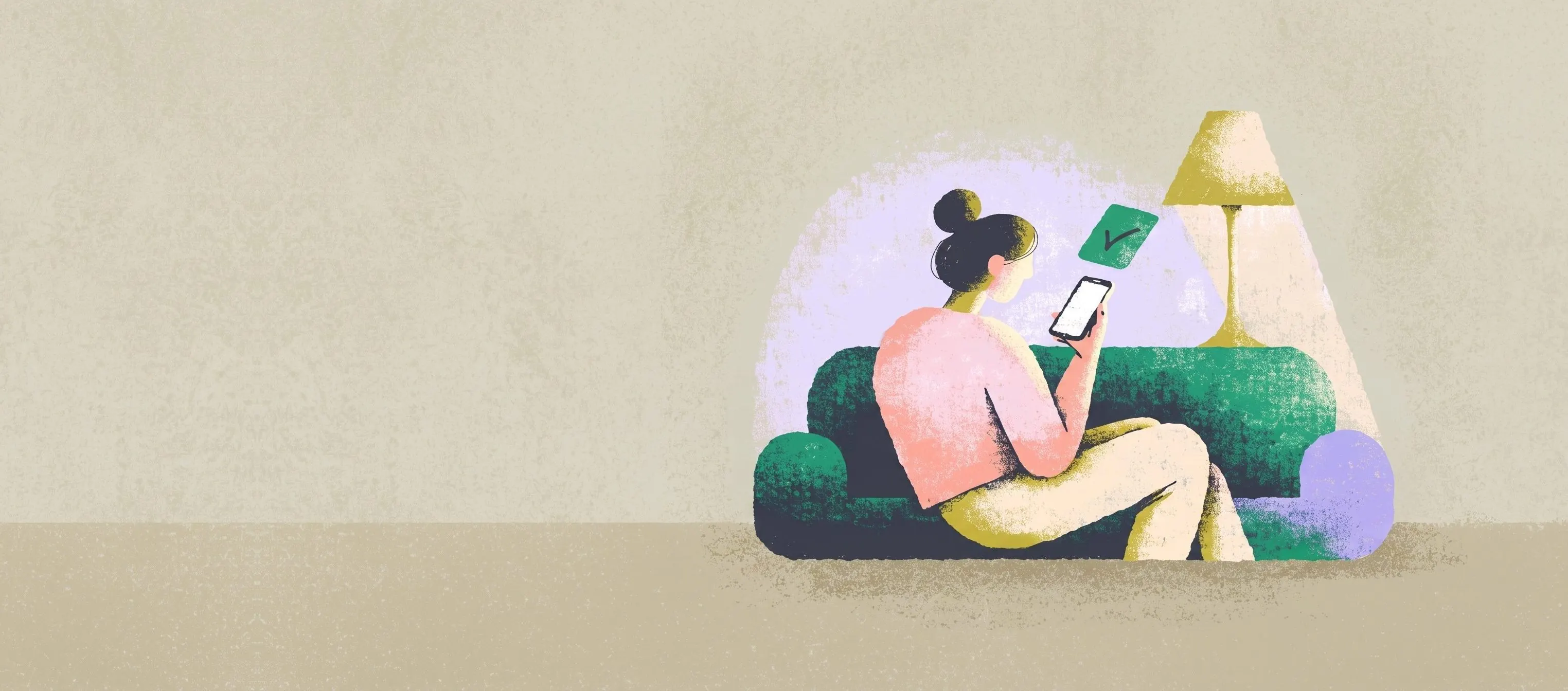 Illustration of a person on a sofa at night booking an appointment on their phone, a green tick floating above it