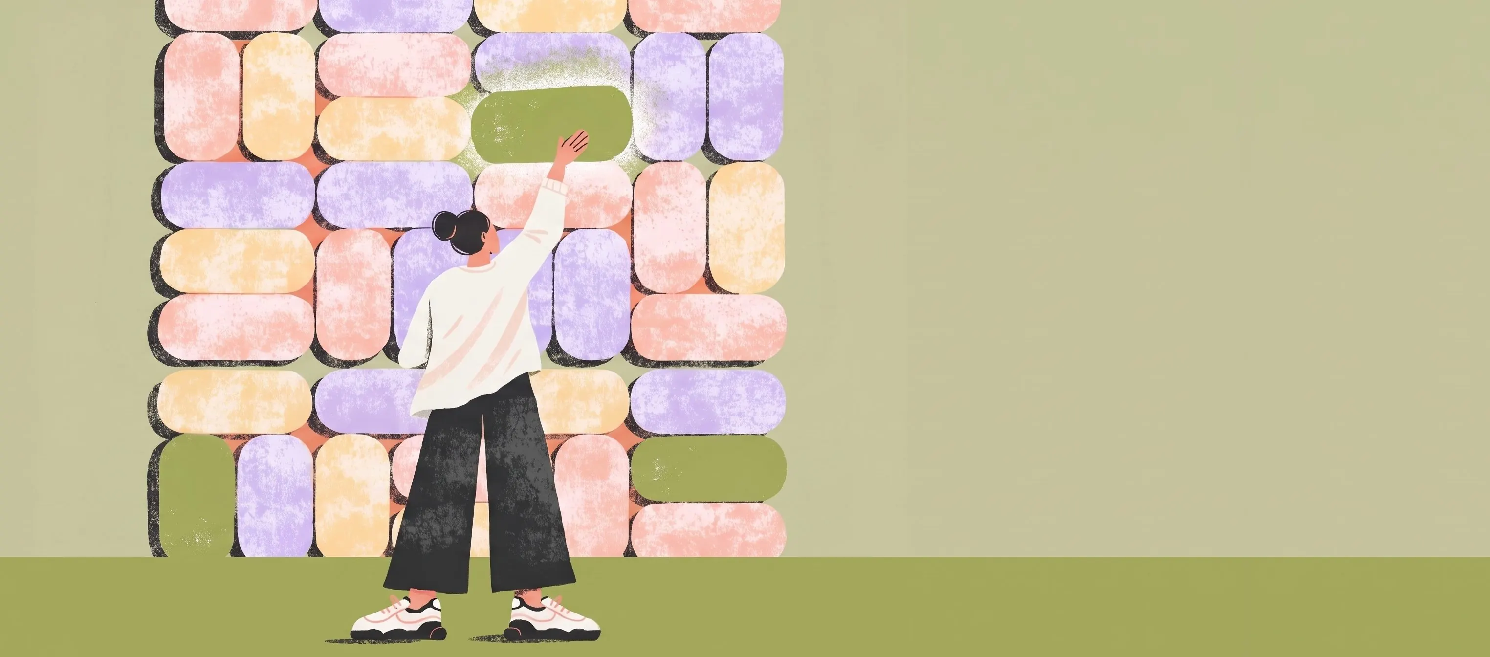 Illustration of a physiotherapist placing a glowing green appointment block into a large wall diary of pastel blocks
