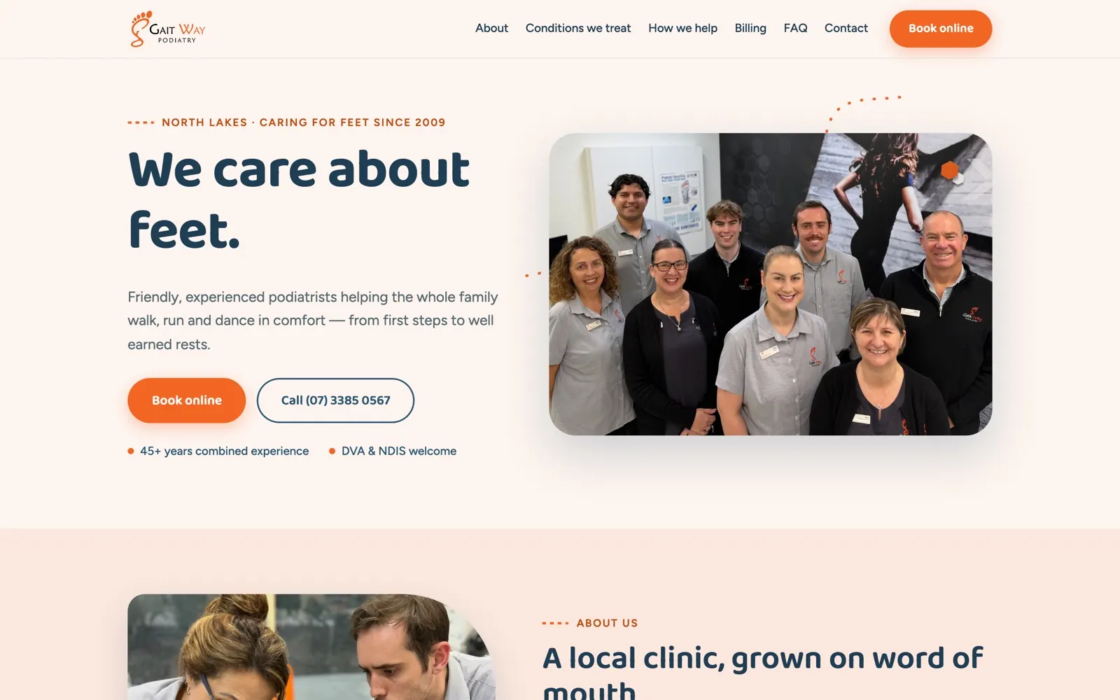Gait Way Podiatry website home page with warm brand colours and team photo