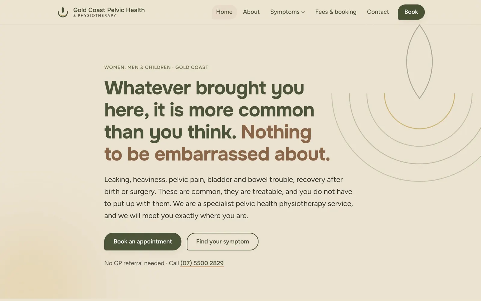 Gold Coast Pelvic Health website home page with calm, understated design