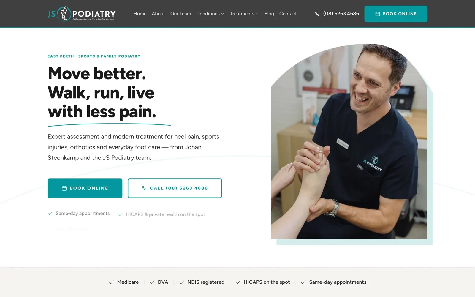 JS Podiatry website home page with booking buttons and hero photography